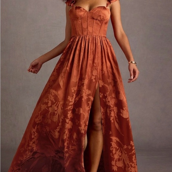 SALE Azazie Wedding Guest Dress Rust Size 6 JIANNA FLUTTER SLEEVES MAXI DRESS - Picture 5 of 11